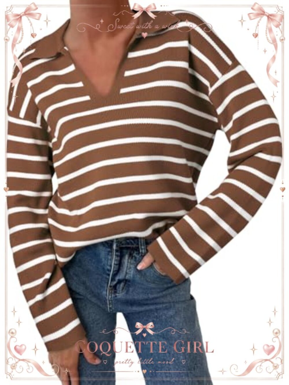 Womens V Neck Striped Knit Sweater Long Sleeve Drop Shoulder